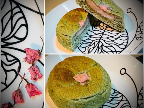 おやき風♪桜こしあん餅入よもぎあんぱん(手ごね)